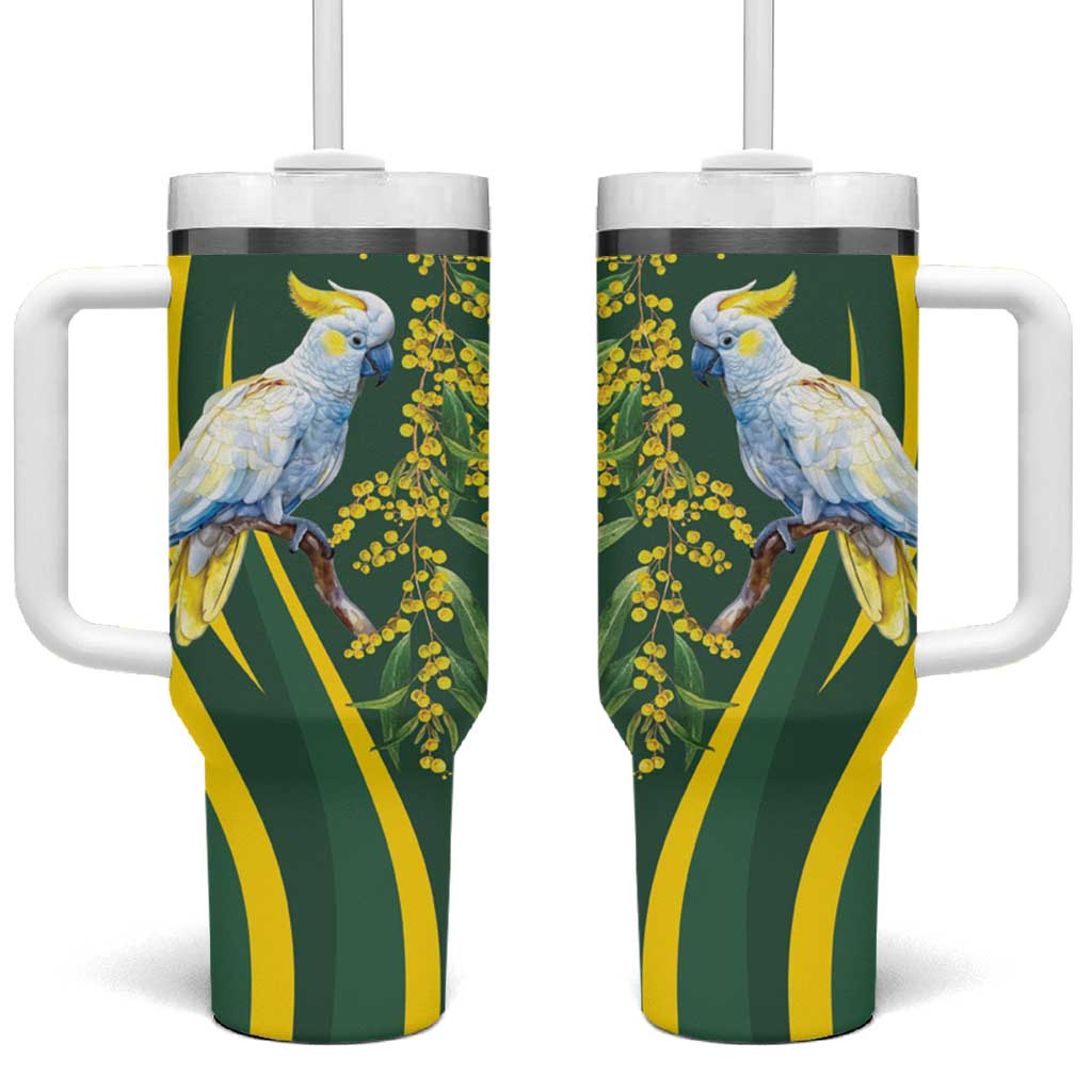 White Cockatoo and Golden Wattle Tumbler With Handle Australian Native Bird