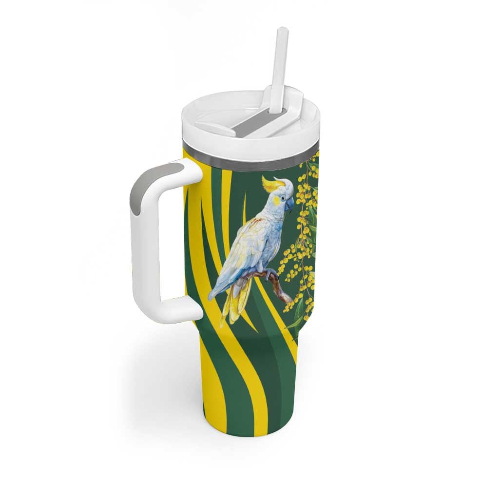 White Cockatoo and Golden Wattle Tumbler With Handle Australian Native Bird