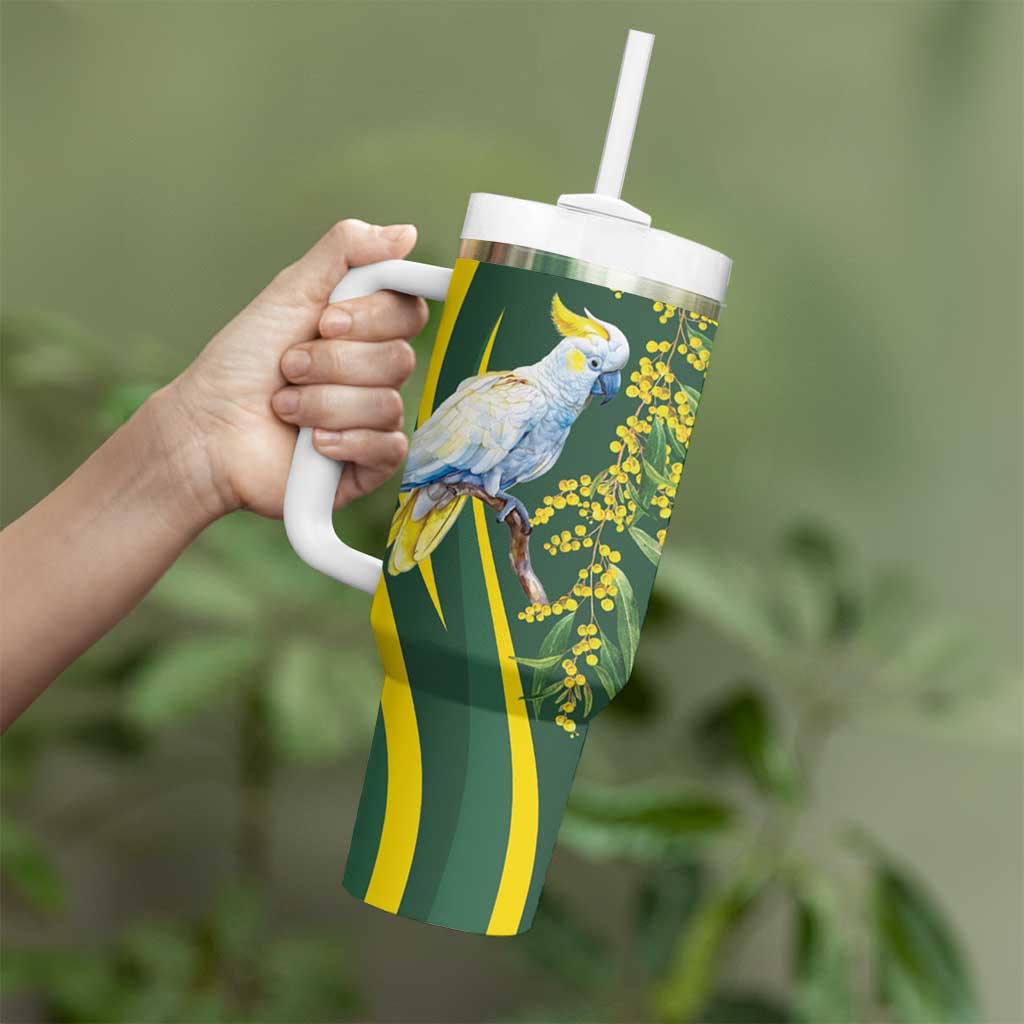 White Cockatoo and Golden Wattle Tumbler With Handle Australian Native Bird