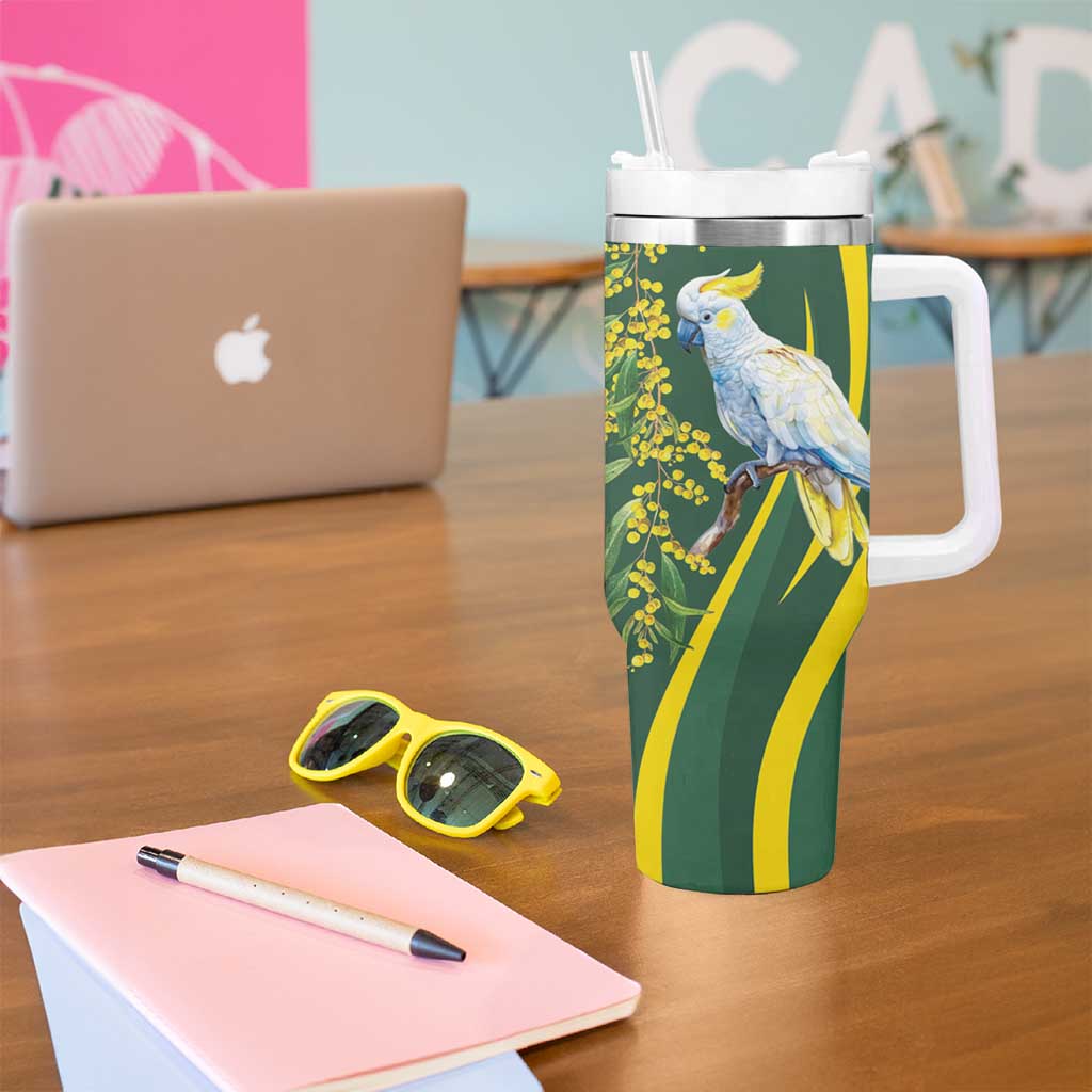 White Cockatoo and Golden Wattle Tumbler With Handle Australian Native Bird