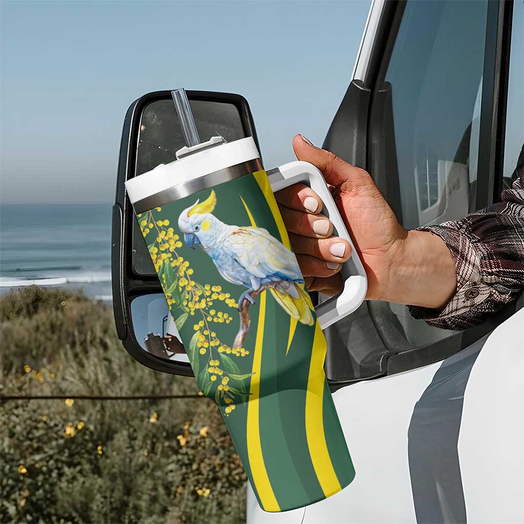 White Cockatoo and Golden Wattle Tumbler With Handle Australian Native Bird