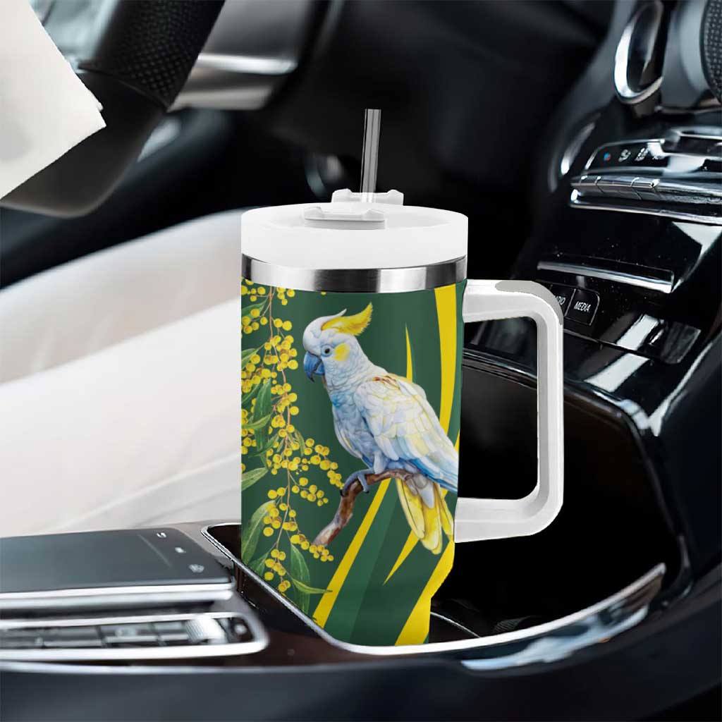 White Cockatoo and Golden Wattle Tumbler With Handle Australian Native Bird