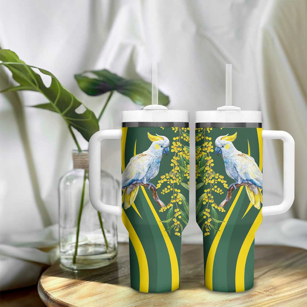 White Cockatoo and Golden Wattle Tumbler With Handle Australian Native Bird