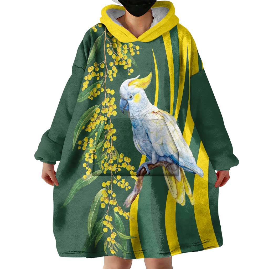 White Cockatoo and Golden Wattle Wearable Blanket Hoodie Australian Native Bird