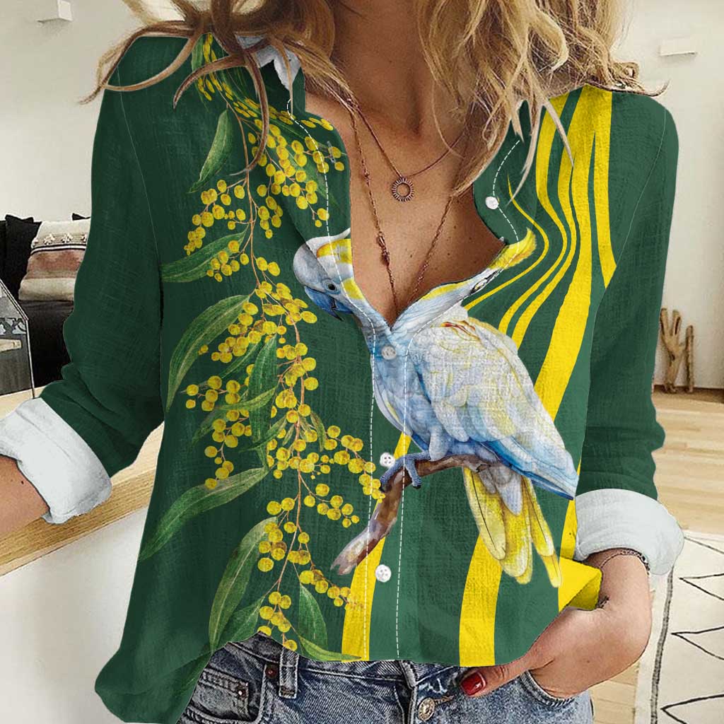 White Cockatoo and Golden Wattle Women Casual Shirt Australian Native Bird