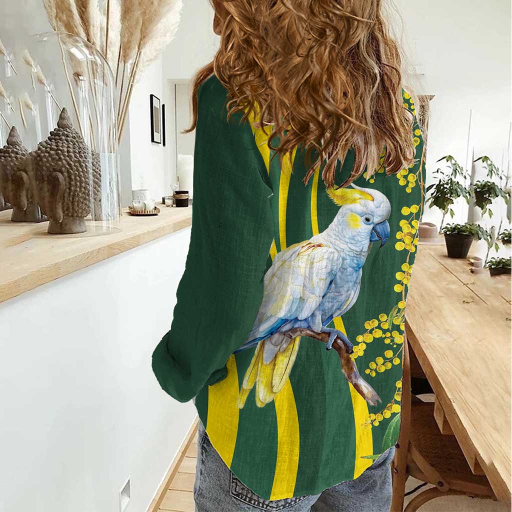 White Cockatoo and Golden Wattle Women Casual Shirt Australian Native Bird