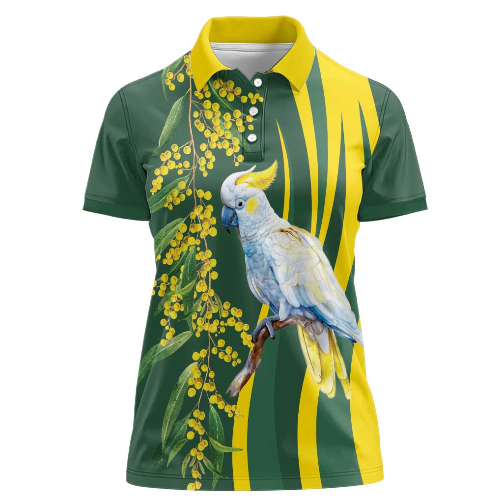 White Cockatoo and Golden Wattle Women Polo Shirt Australian Native Bird