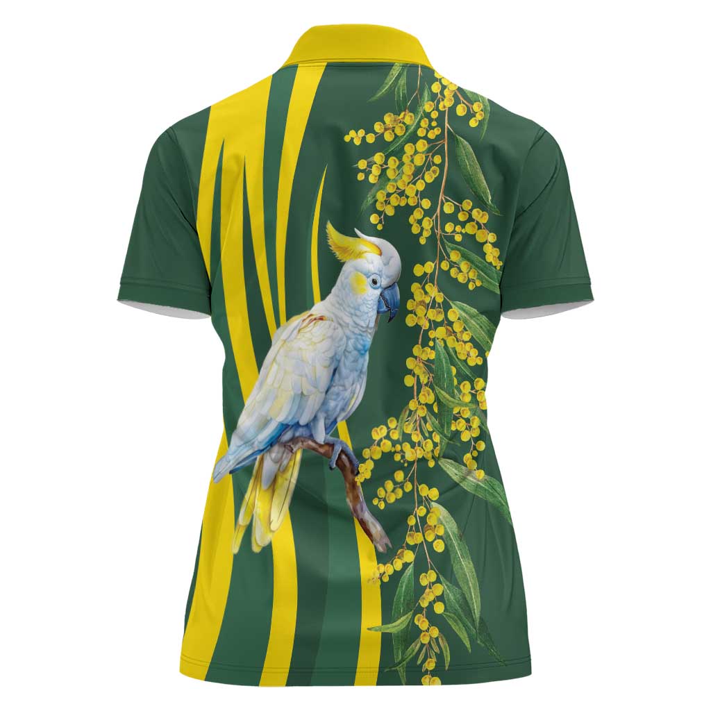 White Cockatoo and Golden Wattle Women Polo Shirt Australian Native Bird