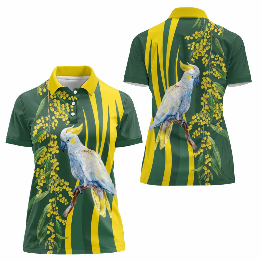 White Cockatoo and Golden Wattle Women Polo Shirt Australian Native Bird