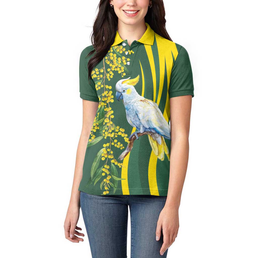 White Cockatoo and Golden Wattle Women Polo Shirt Australian Native Bird