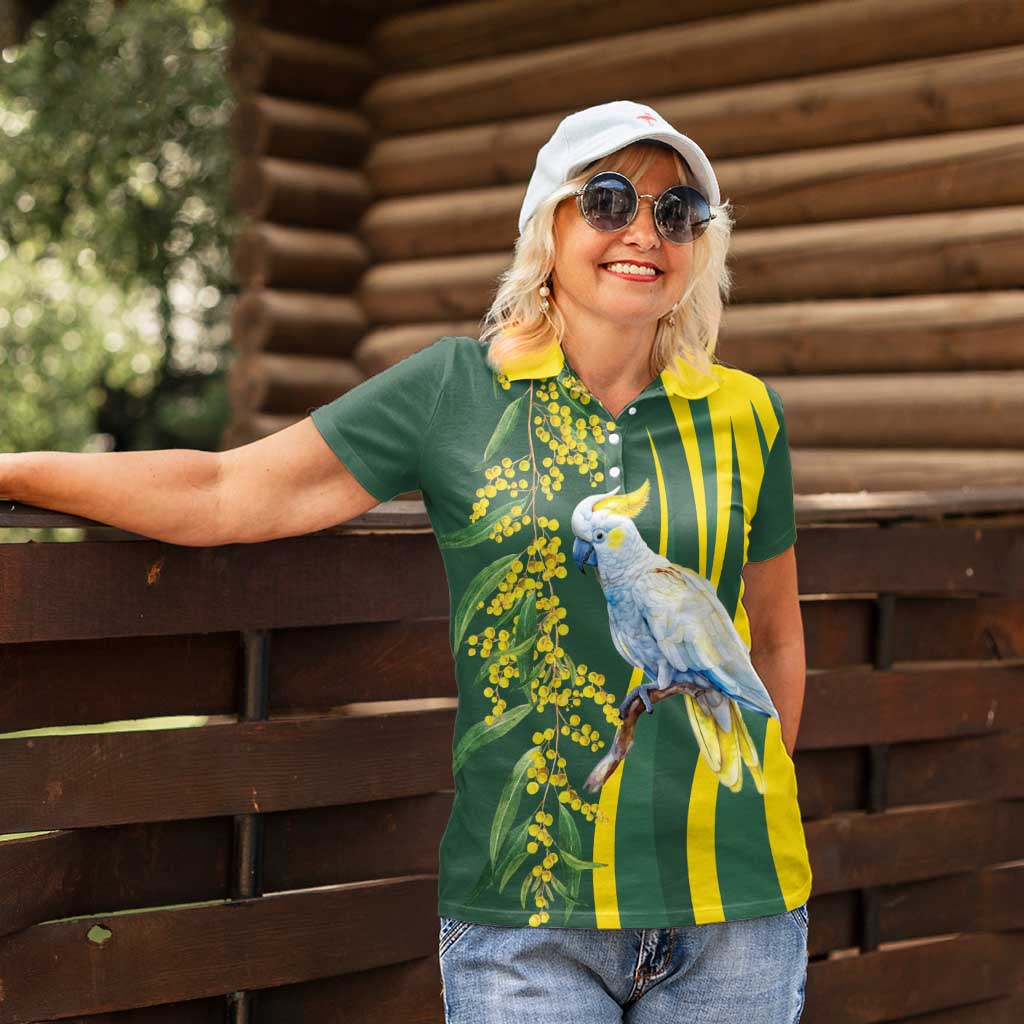 White Cockatoo and Golden Wattle Women Polo Shirt Australian Native Bird