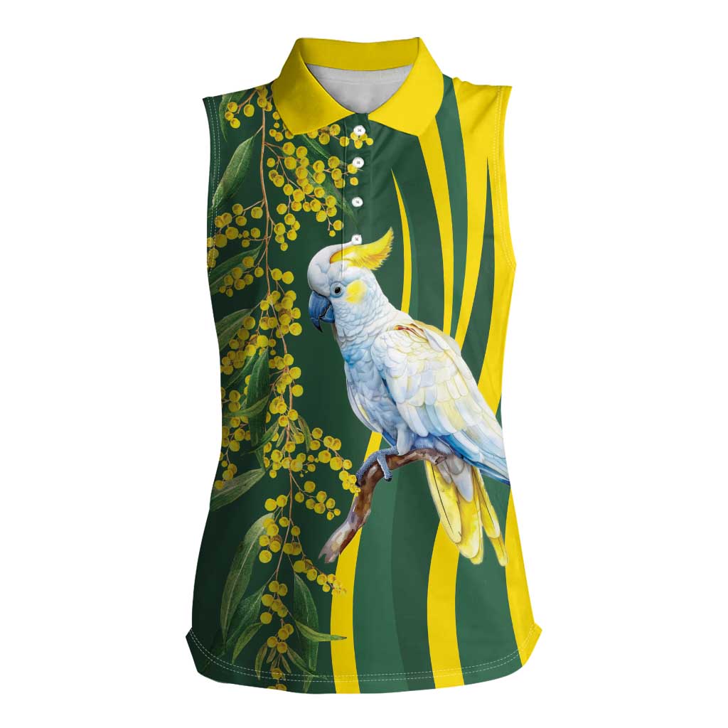 White Cockatoo and Golden Wattle Women Sleeveless Polo Shirt Australian Native Bird