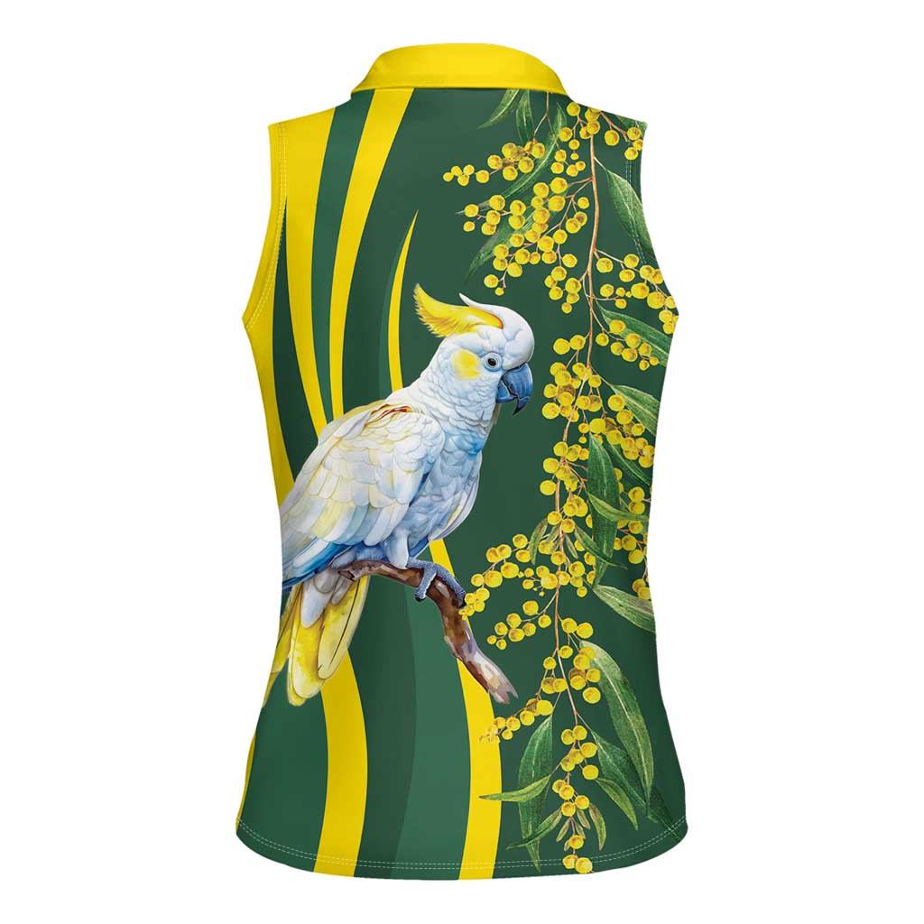 White Cockatoo and Golden Wattle Women Sleeveless Polo Shirt Australian Native Bird