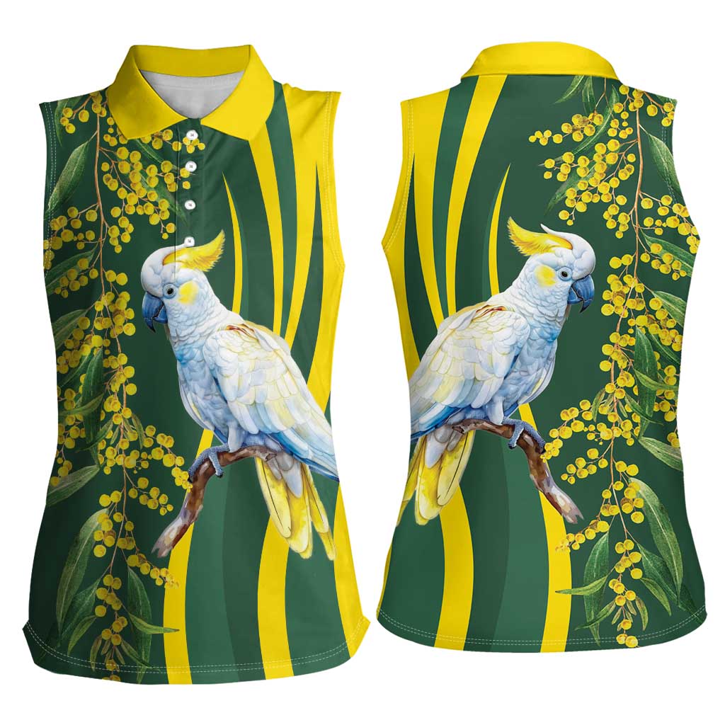 White Cockatoo and Golden Wattle Women Sleeveless Polo Shirt Australian Native Bird