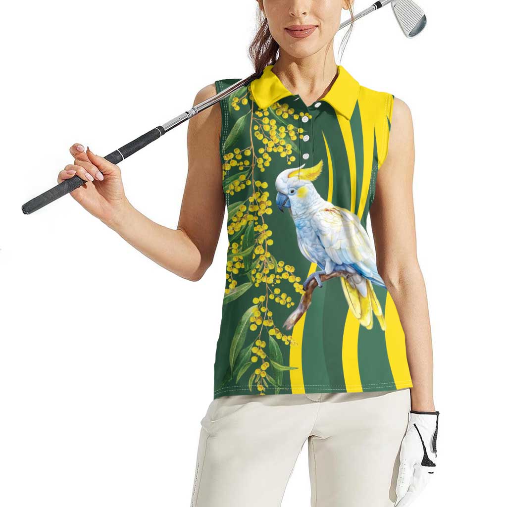 White Cockatoo and Golden Wattle Women Sleeveless Polo Shirt Australian Native Bird