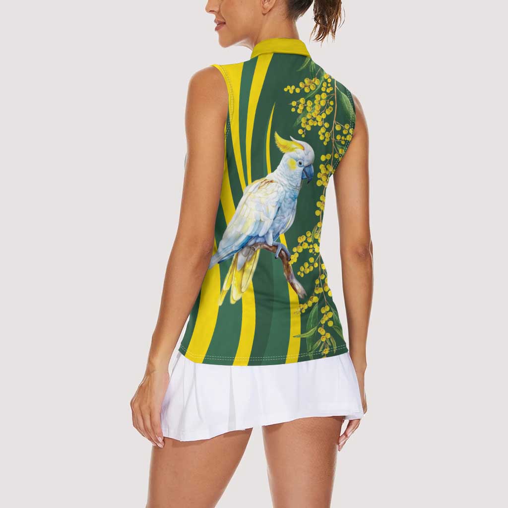 White Cockatoo and Golden Wattle Women Sleeveless Polo Shirt Australian Native Bird