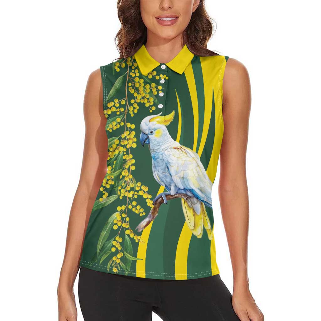 White Cockatoo and Golden Wattle Women Sleeveless Polo Shirt Australian Native Bird