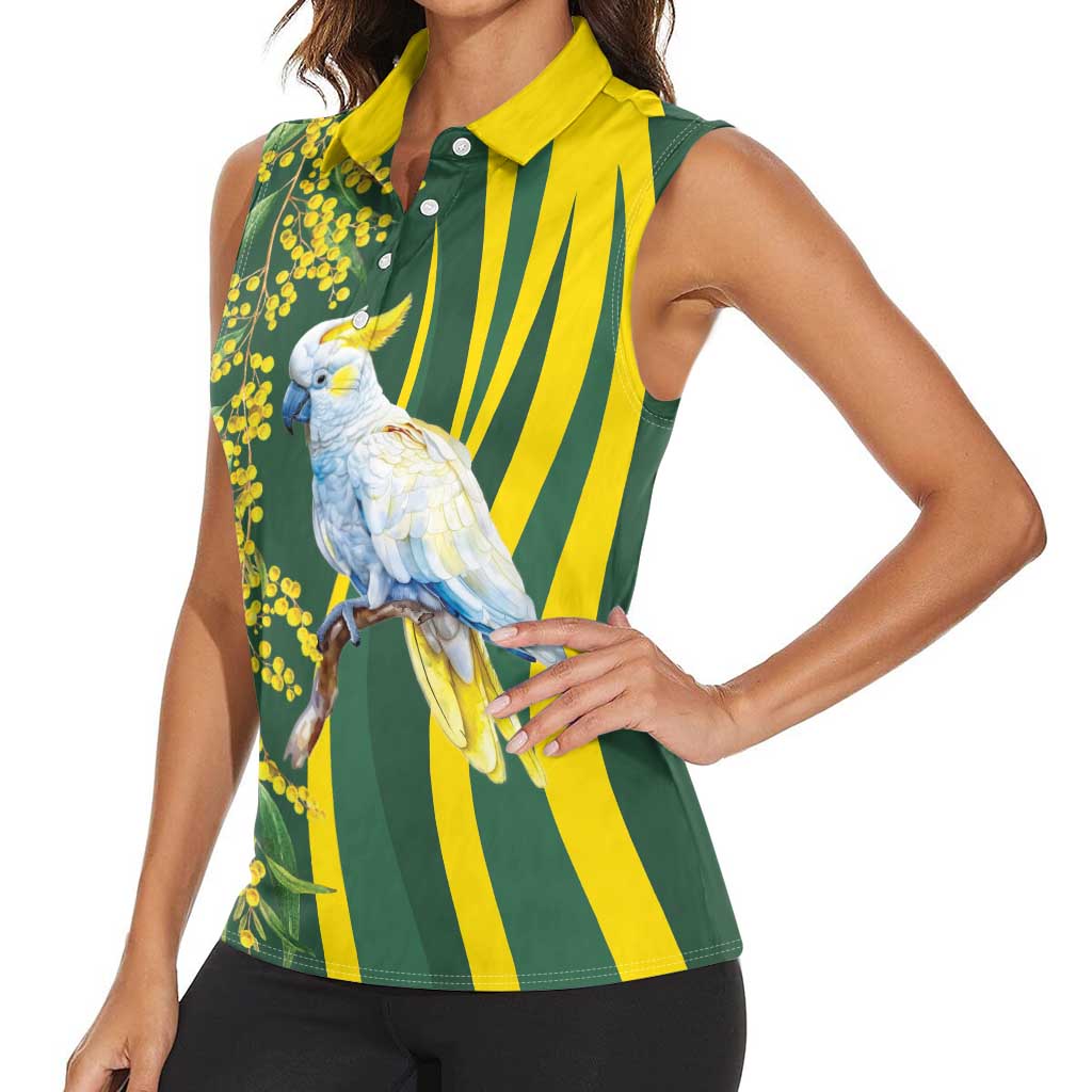 White Cockatoo and Golden Wattle Women Sleeveless Polo Shirt Australian Native Bird