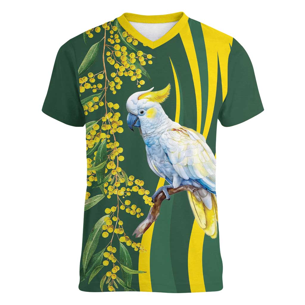 White Cockatoo and Golden Wattle Women V-Neck T-Shirt Australian Native Bird