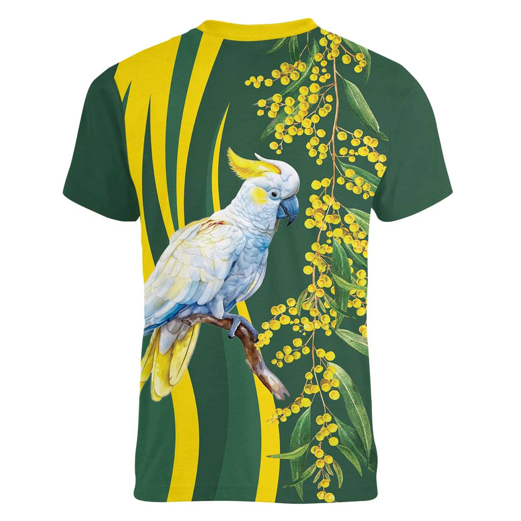 White Cockatoo and Golden Wattle Women V-Neck T-Shirt Australian Native Bird