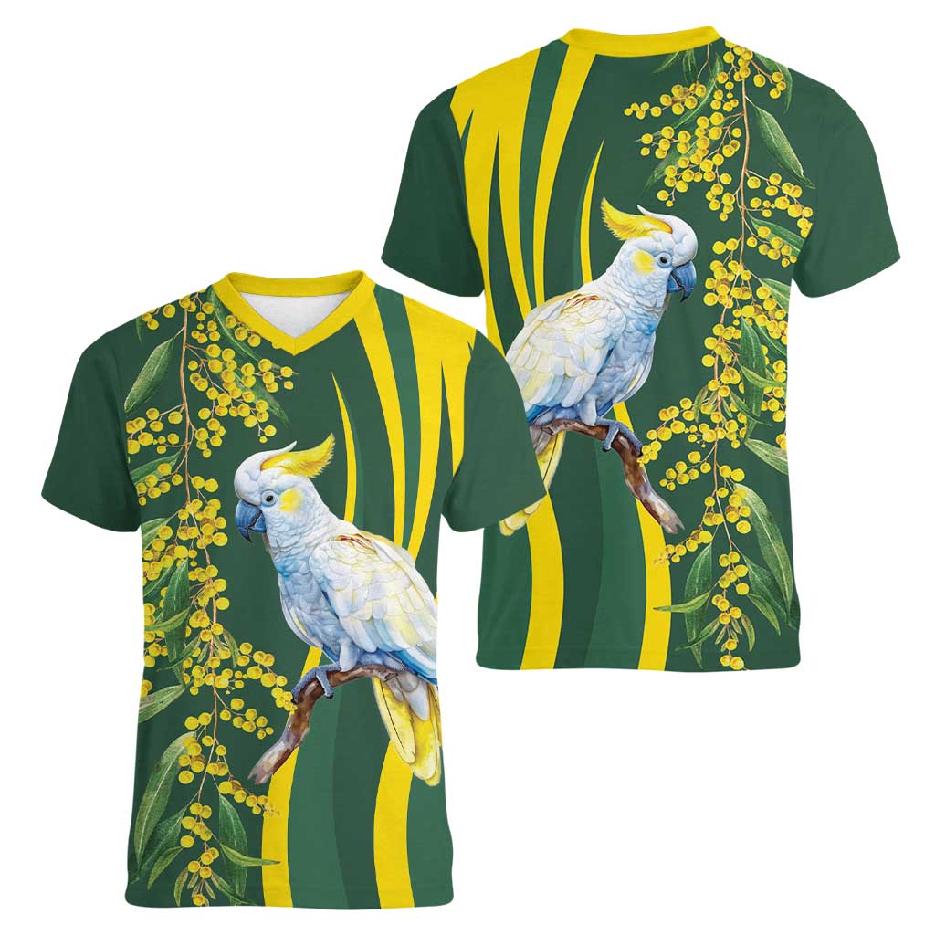 White Cockatoo and Golden Wattle Women V-Neck T-Shirt Australian Native Bird