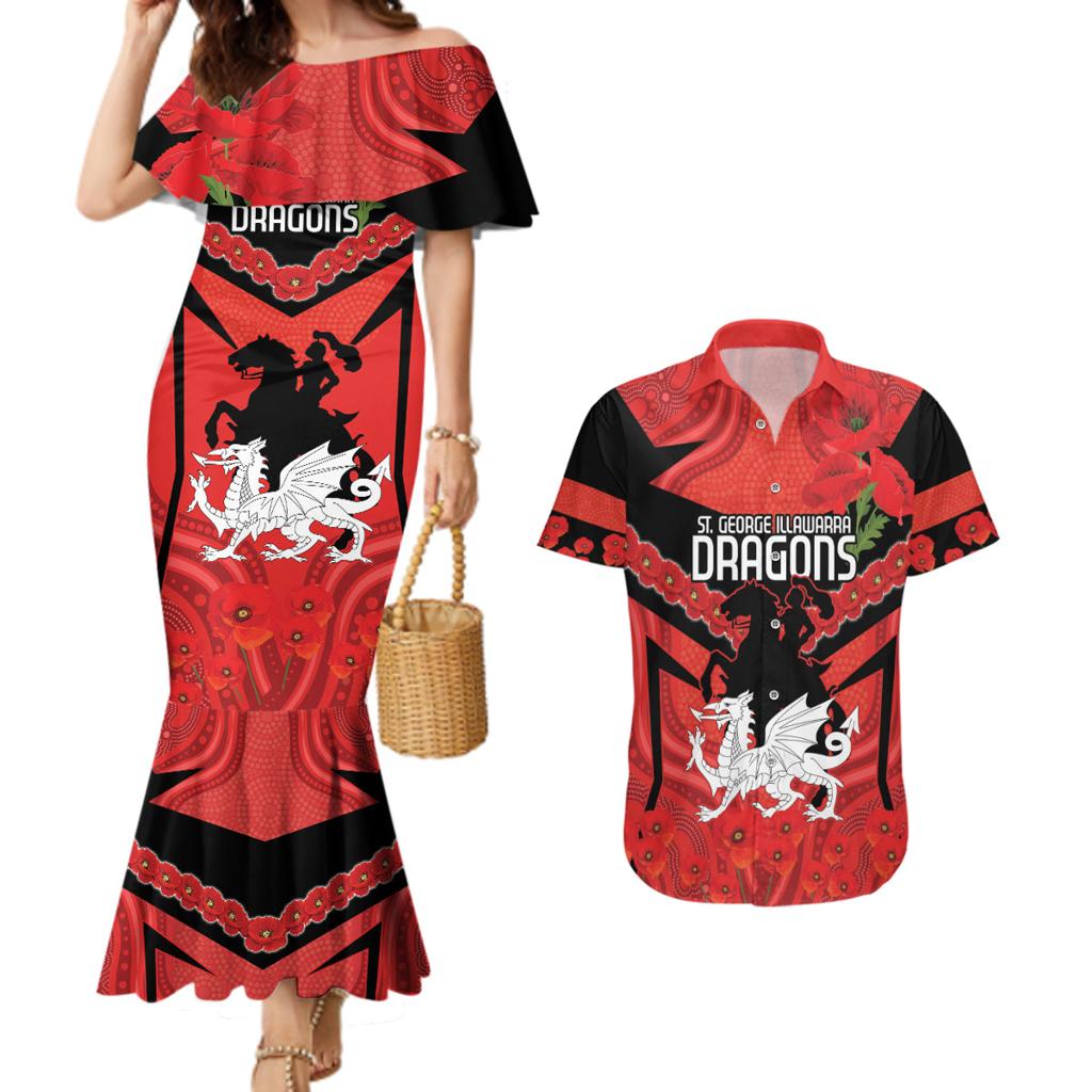 Custom Dragons Rugby ANZAC Couples Matching Mermaid Dress and Hawaiian Shirt Gallipoli Soldier With Aboriginal Art