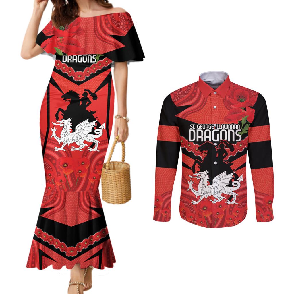 Custom Dragons Rugby ANZAC Couples Matching Mermaid Dress and Long Sleeve Button Shirt Gallipoli Soldier With Aboriginal Art