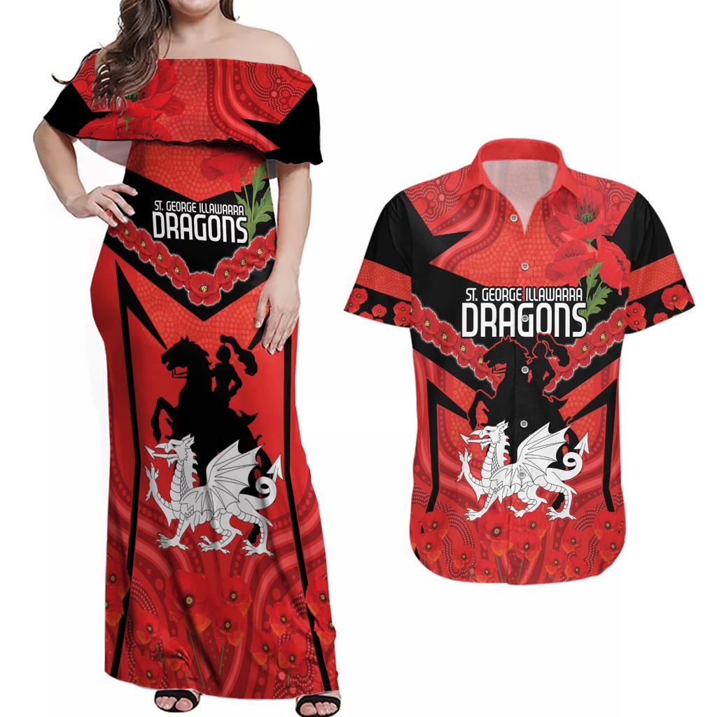 Custom Dragons Rugby ANZAC Couples Matching Off Shoulder Maxi Dress and Hawaiian Shirt Gallipoli Soldier With Aboriginal Art