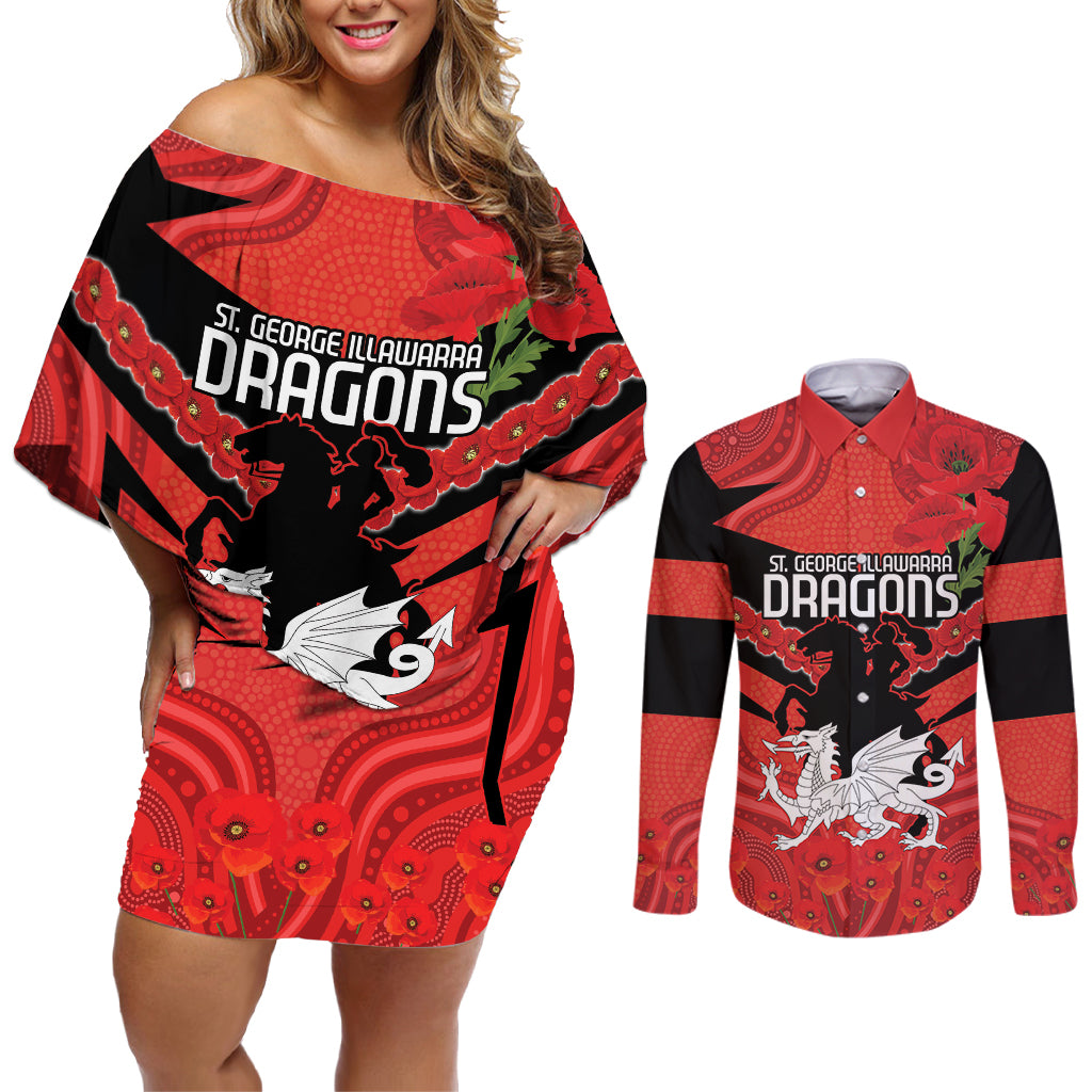 Custom Dragons Rugby ANZAC Couples Matching Off Shoulder Short Dress and Long Sleeve Button Shirt Gallipoli Soldier With Aboriginal Art