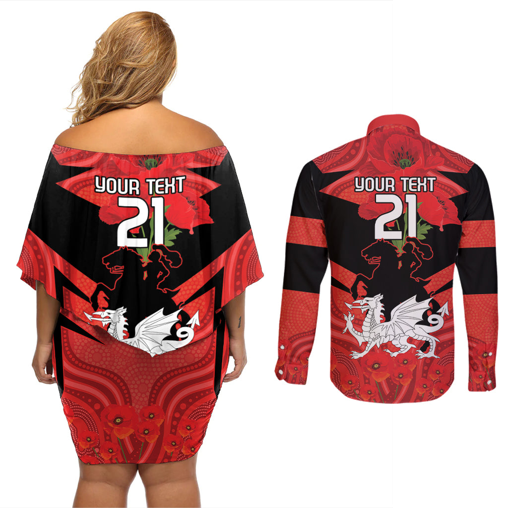 Custom Dragons Rugby ANZAC Couples Matching Off Shoulder Short Dress and Long Sleeve Button Shirt Gallipoli Soldier With Aboriginal Art