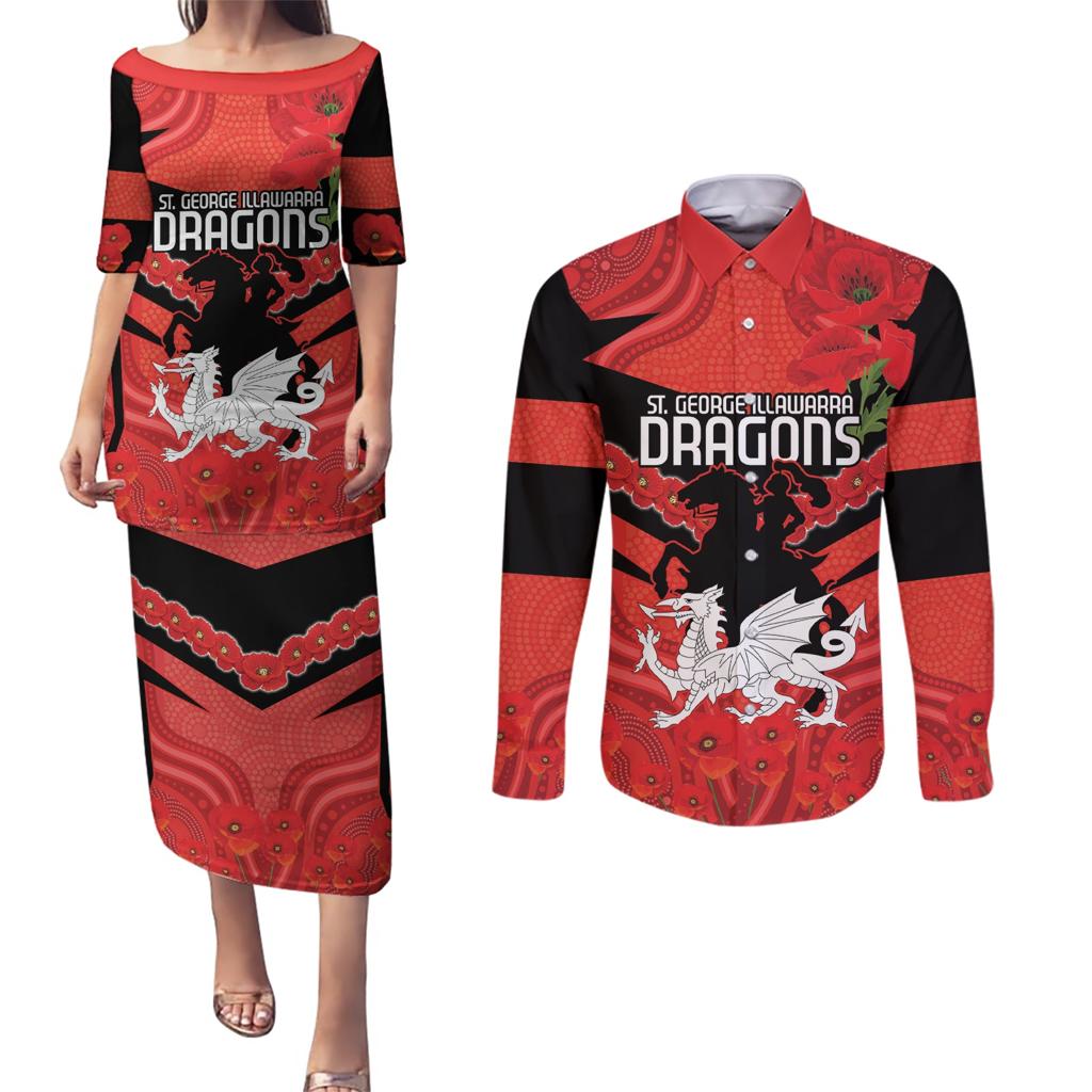 Custom Dragons Rugby ANZAC Couples Matching Puletasi and Long Sleeve Button Shirt Gallipoli Soldier With Aboriginal Art