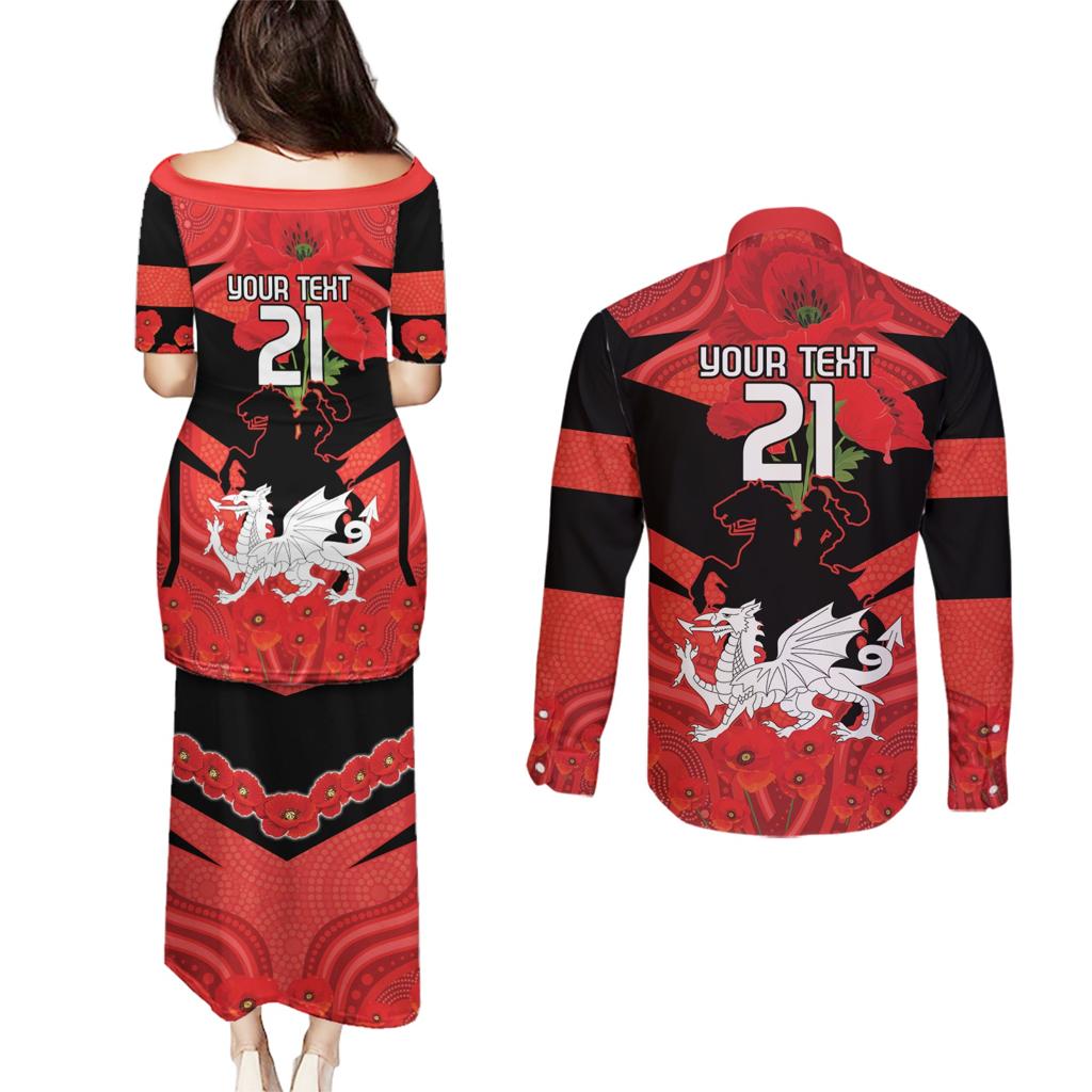 Custom Dragons Rugby ANZAC Couples Matching Puletasi and Long Sleeve Button Shirt Gallipoli Soldier With Aboriginal Art