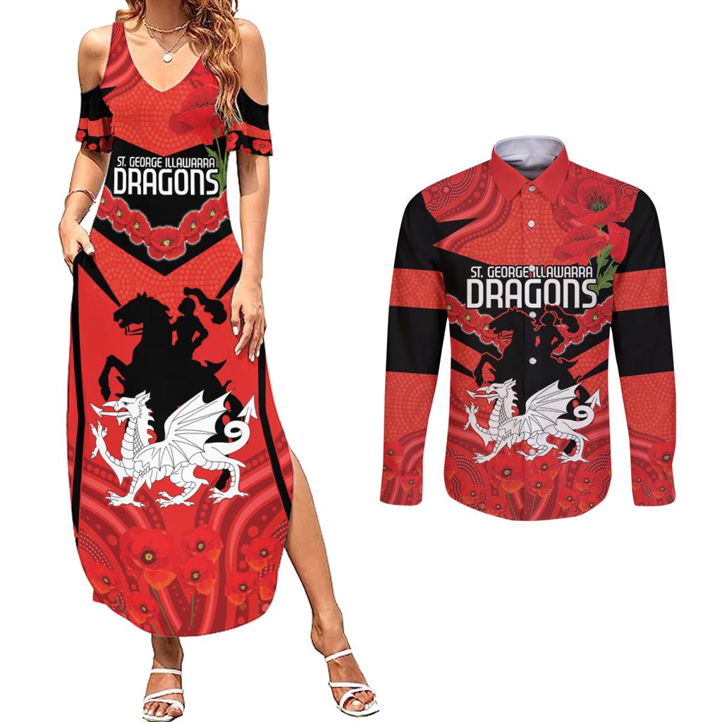 Custom Dragons Rugby ANZAC Couples Matching Summer Maxi Dress and Long Sleeve Button Shirt Gallipoli Soldier With Aboriginal Art