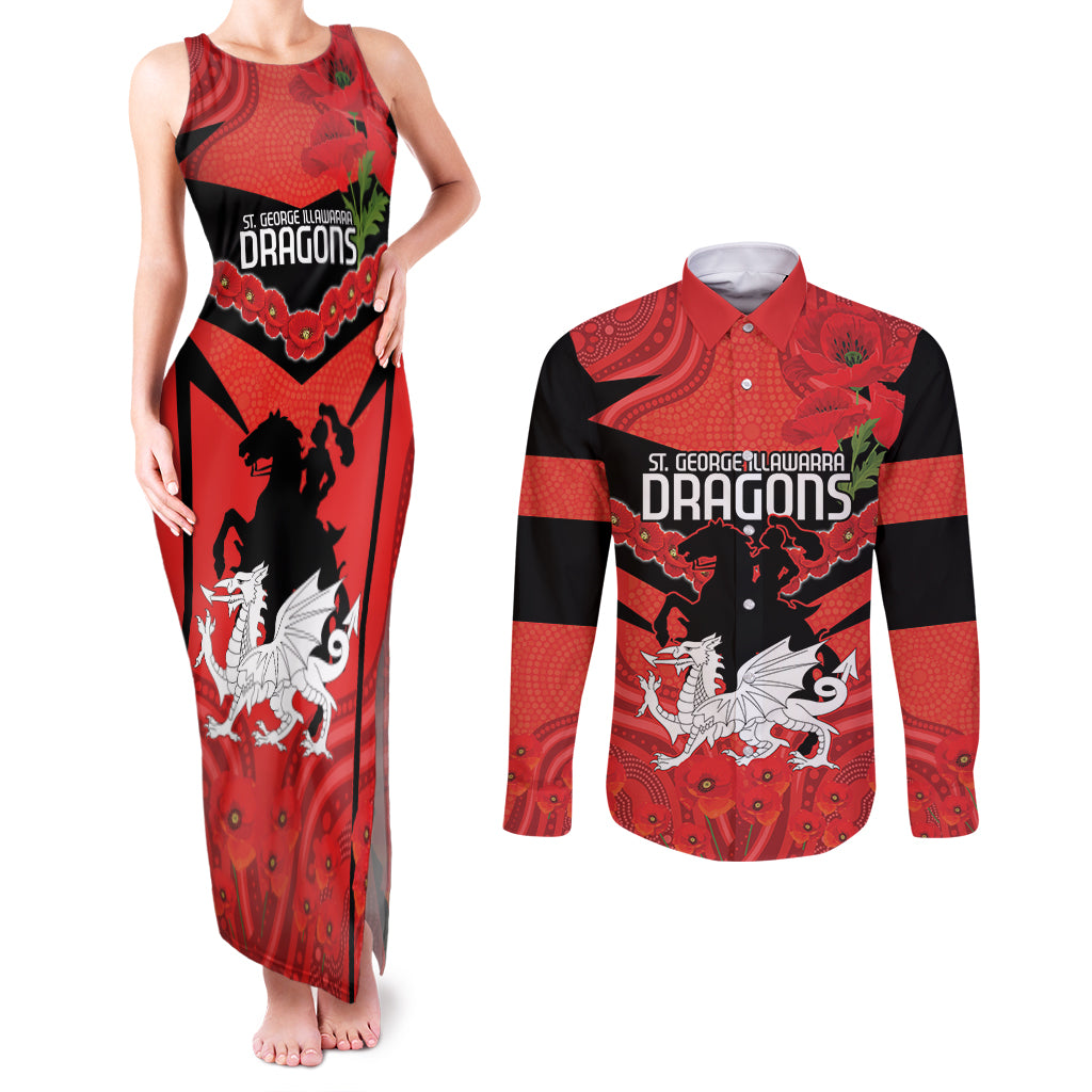 Custom Dragons Rugby ANZAC Couples Matching Tank Maxi Dress and Long Sleeve Button Shirt Gallipoli Soldier With Aboriginal Art