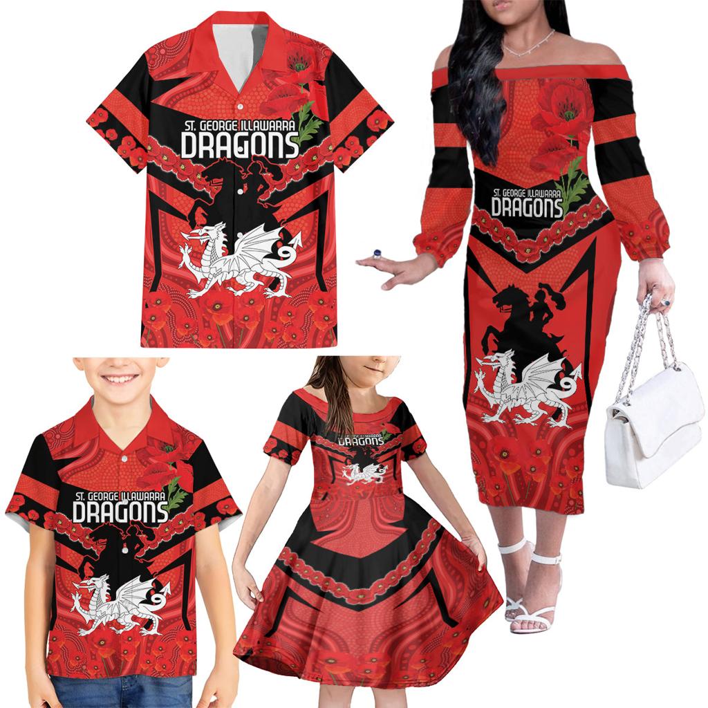 Custom Dragons Rugby ANZAC Family Matching Off The Shoulder Long Sleeve Dress and Hawaiian Shirt Gallipoli Soldier With Aboriginal Art