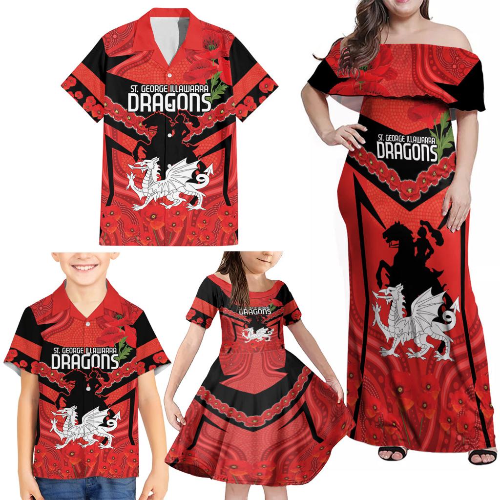 Custom Dragons Rugby ANZAC Family Matching Off Shoulder Maxi Dress and Hawaiian Shirt Gallipoli Soldier With Aboriginal Art