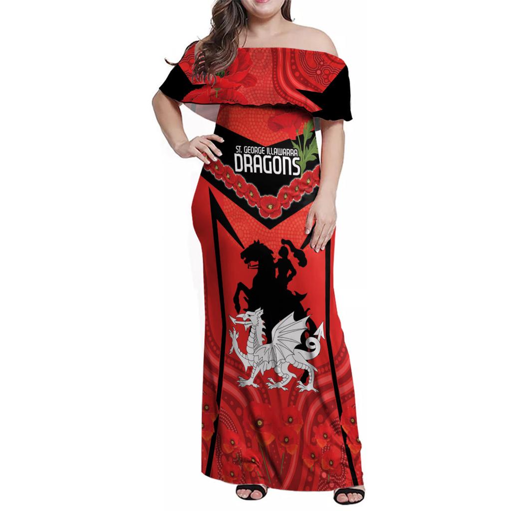 Custom Dragons Rugby ANZAC Family Matching Off Shoulder Maxi Dress and Hawaiian Shirt Gallipoli Soldier With Aboriginal Art