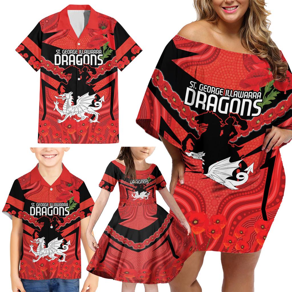 Custom Dragons Rugby ANZAC Family Matching Off Shoulder Short Dress and Hawaiian Shirt Gallipoli Soldier With Aboriginal Art