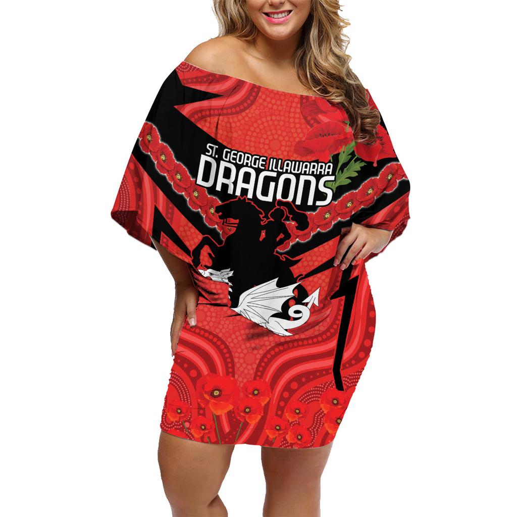 Custom Dragons Rugby ANZAC Family Matching Off Shoulder Short Dress and Hawaiian Shirt Gallipoli Soldier With Aboriginal Art