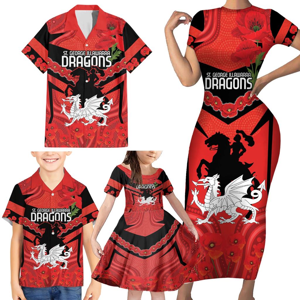 Custom Dragons Rugby ANZAC Family Matching Short Sleeve Bodycon Dress and Hawaiian Shirt Gallipoli Soldier With Aboriginal Art