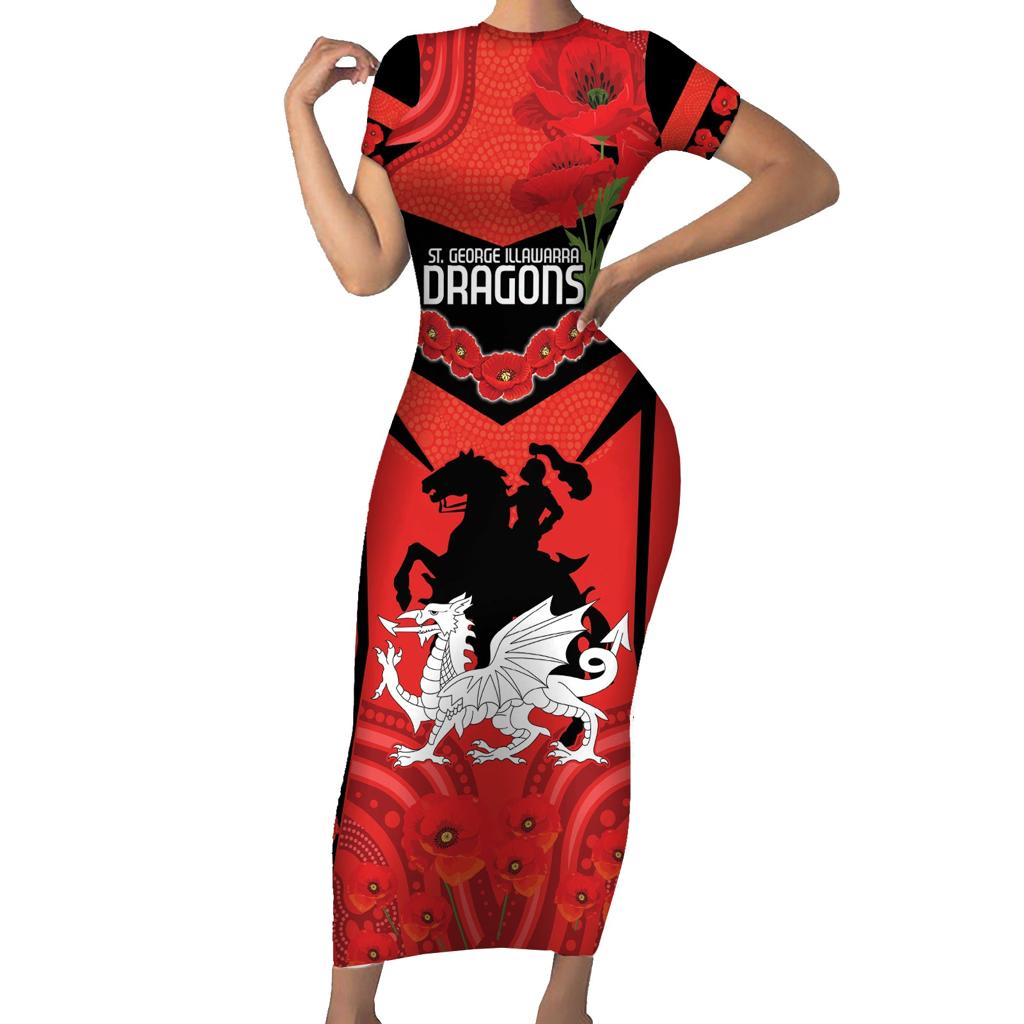 Custom Dragons Rugby ANZAC Family Matching Short Sleeve Bodycon Dress and Hawaiian Shirt Gallipoli Soldier With Aboriginal Art