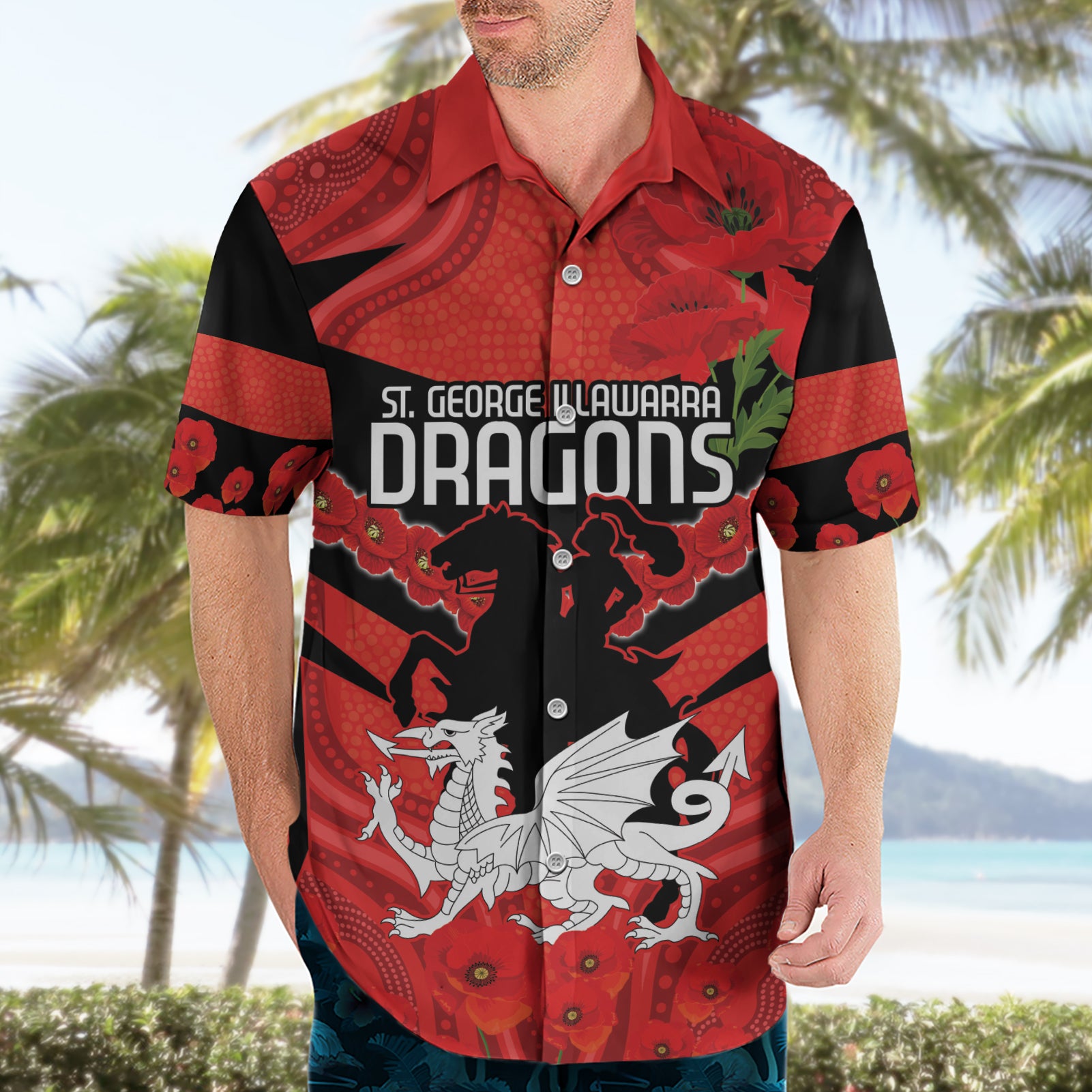 Custom Dragons Rugby ANZAC Hawaiian Shirt Gallipoli Soldier With Aboriginal Art