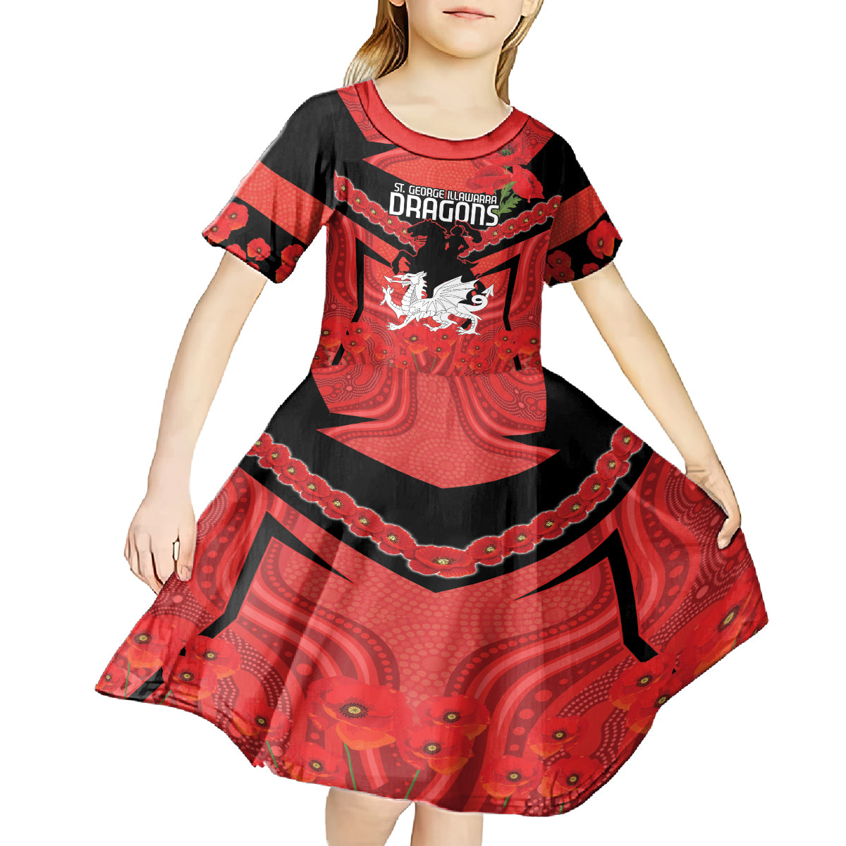 Custom Dragons Rugby ANZAC Kid Short Sleeve Dress Gallipoli Soldier With Aboriginal Art