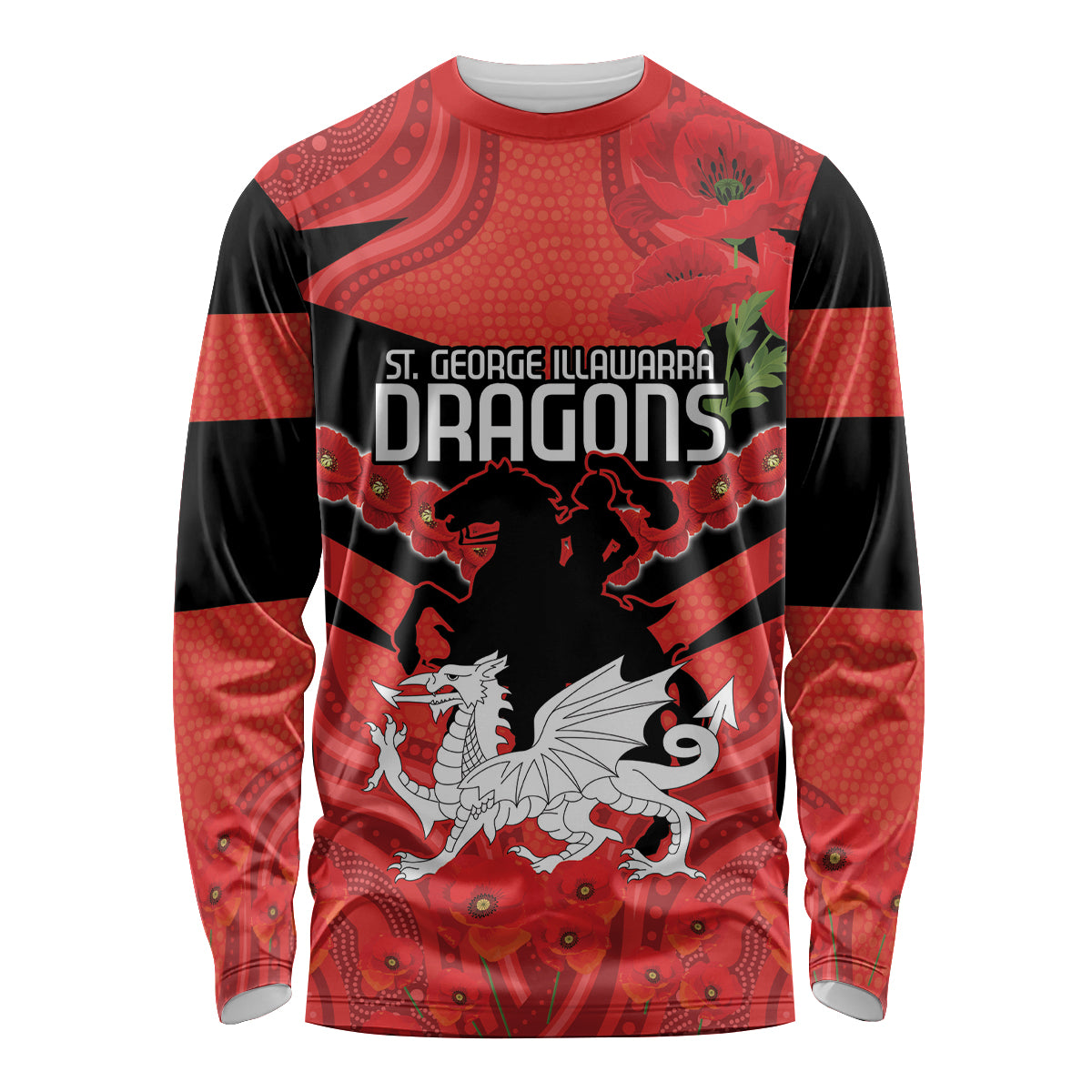 Custom Dragons Rugby ANZAC Long Sleeve Shirt Gallipoli Soldier With Aboriginal Art