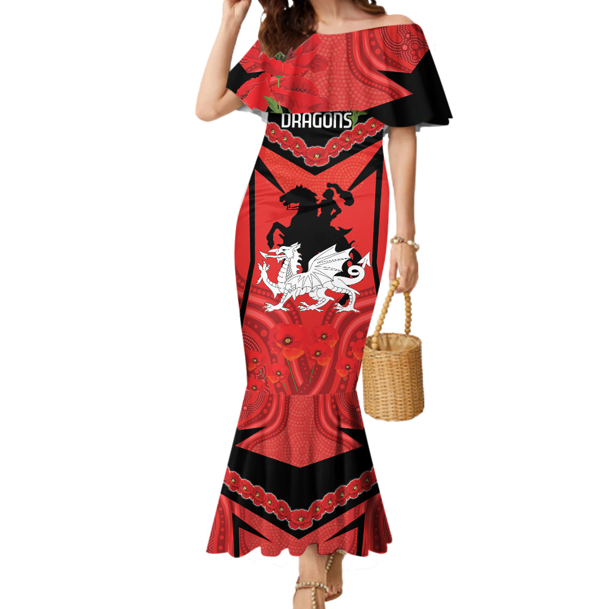 Custom Dragons Rugby ANZAC Mermaid Dress Gallipoli Soldier With Aboriginal Art