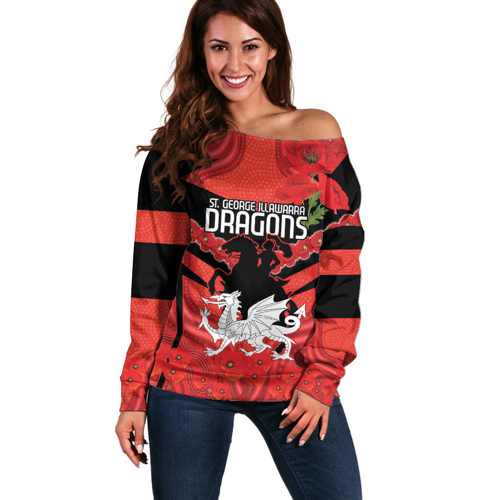 Custom Dragons Rugby ANZAC Off Shoulder Sweater Gallipoli Soldier With Aboriginal Art