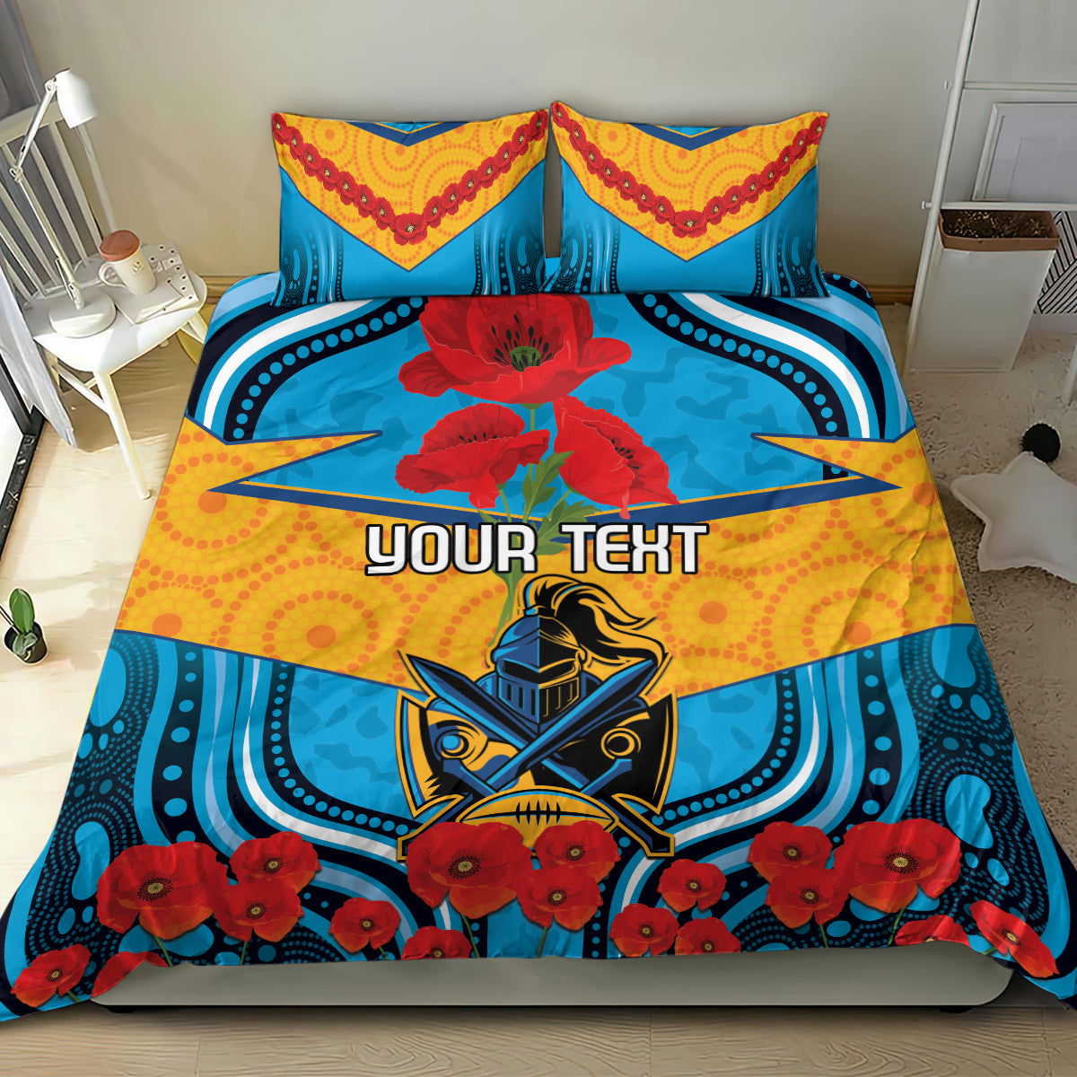 Custom GLD Titans Rugby ANZAC Bedding Set Gallipoli Soldier With Aboriginal Art