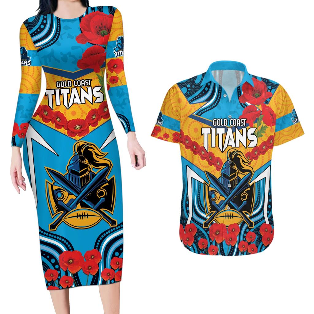 Custom GLD Titans Rugby ANZAC Couples Matching Long Sleeve Bodycon Dress and Hawaiian Shirt Gallipoli Soldier With Aboriginal Art