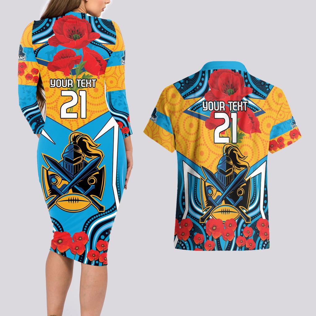 Custom GLD Titans Rugby ANZAC Couples Matching Long Sleeve Bodycon Dress and Hawaiian Shirt Gallipoli Soldier With Aboriginal Art