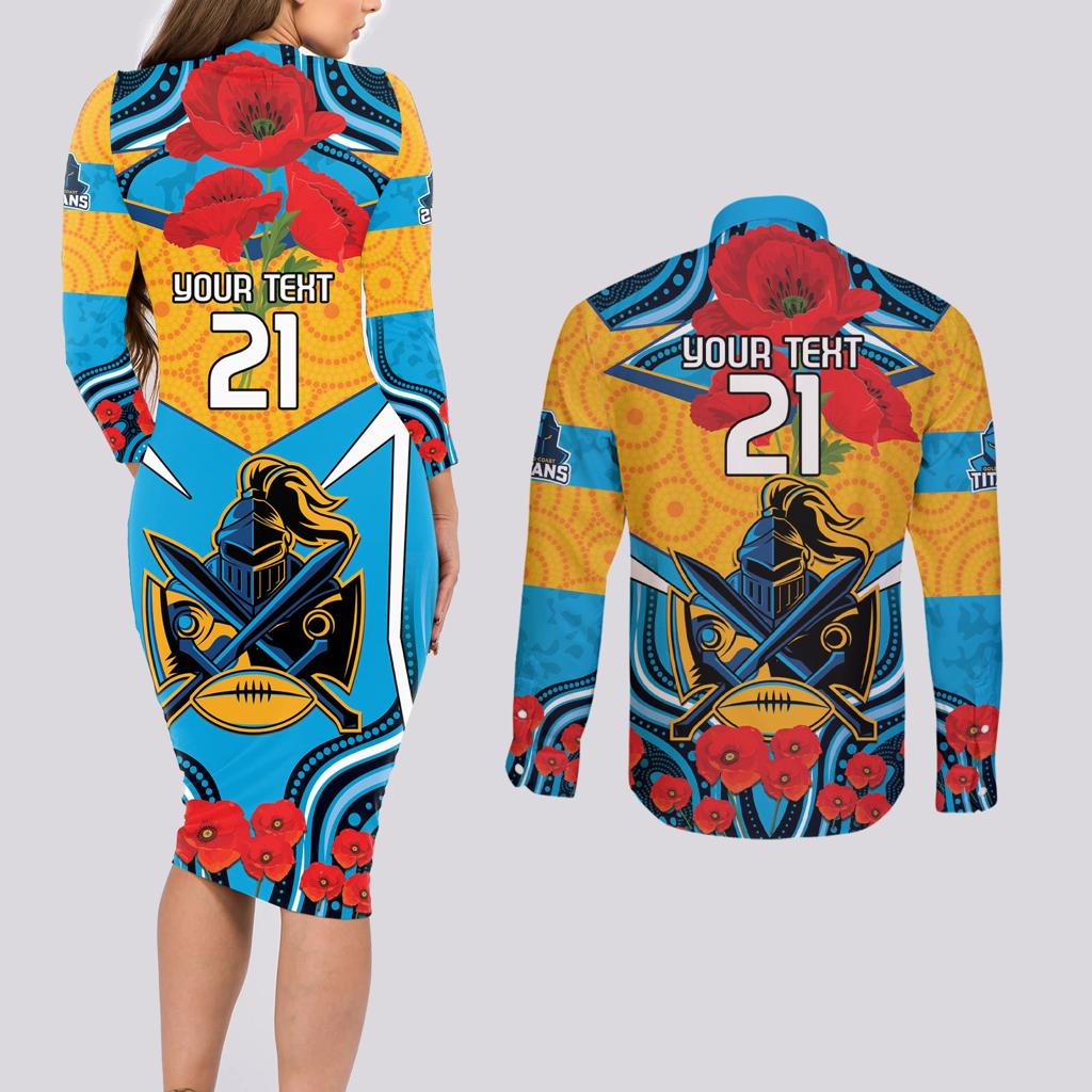 Custom GLD Titans Rugby ANZAC Couples Matching Long Sleeve Bodycon Dress and Long Sleeve Button Shirt Gallipoli Soldier With Aboriginal Art